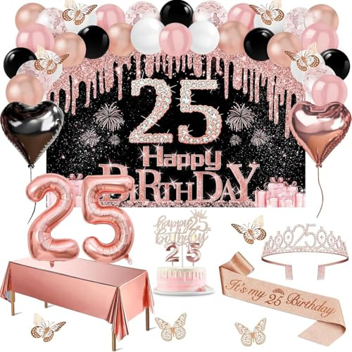 Amosking 25 Geburtstag Frauen Deko Roségold Schwarz 49pcs | Banner, Tischdecke, Schmetterlinge, Schärpe, Diadem, Tortendeko, Kerzen, Luftballonbogen, 25. Geburtstag Frauen