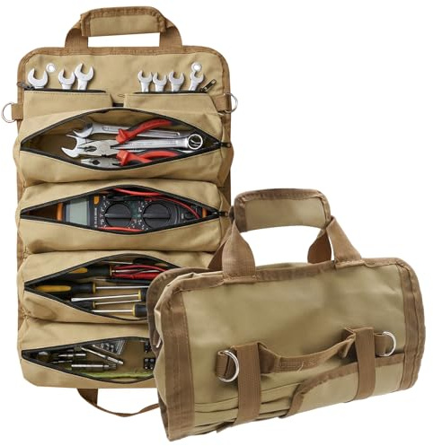 Ollanoos Kompakte Werkzeugtasche, aufrollbare Werkzeug Organizer mit 6 Fächern, Ideal für Mechaniker, Elektriker und Heimwerker, Praktisches Geschenk für Männer und Väter (Khaki)