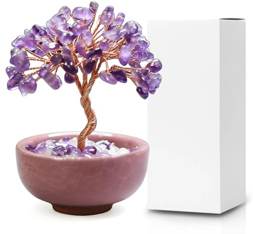 LEPGUYO Amethyst Lebensbaum mit 63 Kristallen - Feng Shui Geldbaum Spirituelle Geschenke, Zimmer Deko Schlafzimmer Büro, Valentinstagsgeschenk mit Box