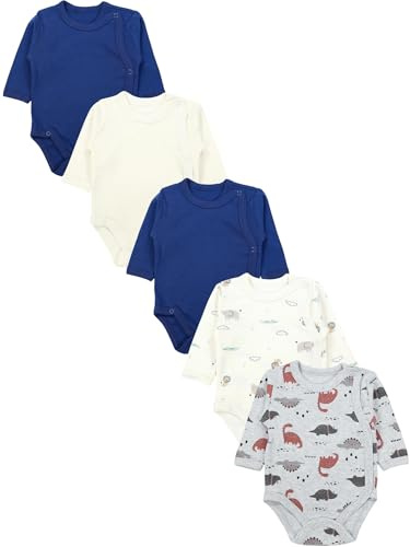 TupTam Baby Body Langarm – Wickelbody Langarm für Jungen & Mädchen, 5er Pack, 100% Baumwolle, OEKO-TEX, Farbe: Blau_Beige_Tiere_Dino, Größe: 74
