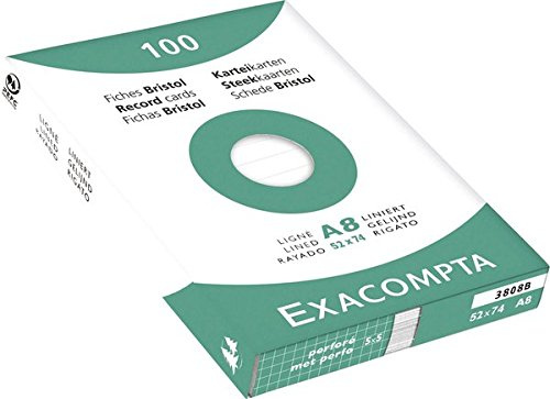 Exacompta 3808B Karteikarten (48 Packungen mit 100, 250g, in Folie eingeschweißt, DIN A8, 5,2 x 7,4 cm, liniert, ideal für die Schule) 48er Pack weiß