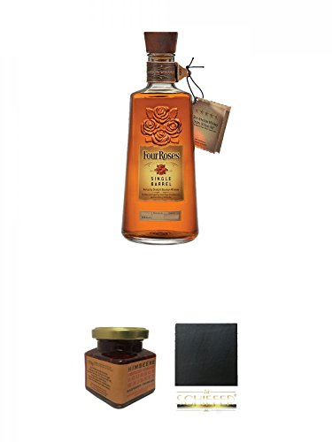 Four Roses Single Barrel Selection Straight Bourbon 0,7 Liter + Kentucky Bourbon Himbeer-Marmelade 150 Gramm Glas + Schiefer Glasuntersetzer eckig ca. 9,5 cm Durchmesser