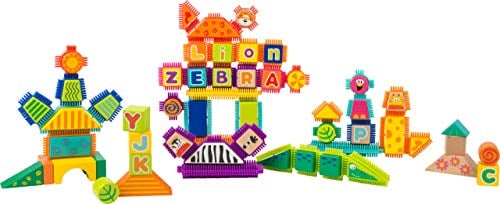 small foot 11222 Holz-und Noppenbausteine, 150-tlg. Set mit aufgedruckten Safari-Motiven Spielzeug, Mehrfarbig