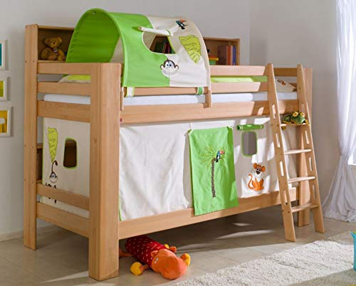 Froschkönig24 Etagenbett JAN Kinderbett Spielbett Bett mit Bücherregal Buche Dschungel Beige/Grün, Matratzen Oben/unten:ohne