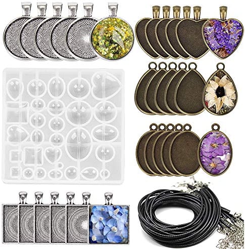 61 Stücke Cabochon Set Epoxidharz Formen Silikonform UV Harz Gießen Glaskuppel Fassung Gießenform Resin Schmuckherstellung Schmuck Basteln mit Lünette Anhängern Nickelfrei Silber Bronze und Halskette