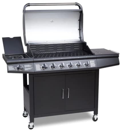 CosmoGrill Pro Deluxe 7 Gas Burner 6+1 Barbecue Grill Steel Warming Rack, Side-Burner, Built-in Temperature Gauge and Weatherproof Cover (Black)