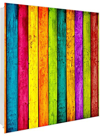 banjado® Großer Schlüsselkasten Glas/Schlüsselbox 30cm x 30cm mit 50 Haken - Motiv Bunte Holzlatten/Schlüsselkasten modern für Schlüsselaufbewahrung mit beschreibbarer, magnetischer Glastür