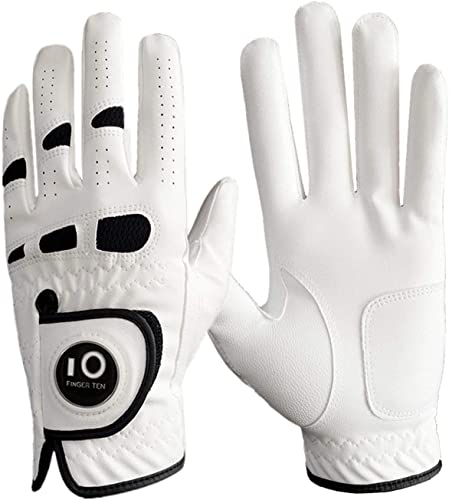 LOVMEAD Golfhandschuhe Herren für Linke Hand Mit Ballmarker 1 Stück, Allwetter Cabretta Leder Griff Golf Handschuh Rechtshänder Weicher Komfort Passform Größe ML (Linke Hand, L)