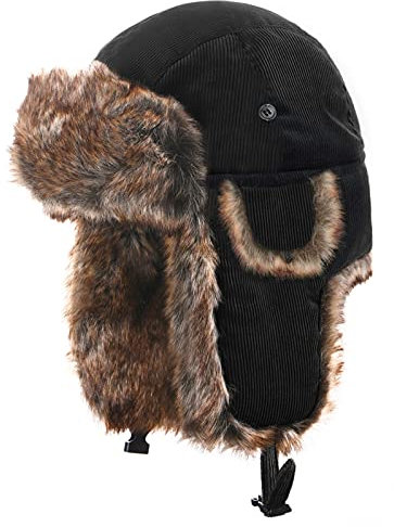 Heavyoff Unisex Fliegermütze Kunstfell Wintermütze mit Ohrenklappen Warme Cord Fellmütze Schwarz XL