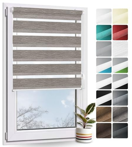 Rollmayer Doppelrollo Klemmfix ohne Bohren Holzlook Grau B45 x H150cm | Klemmrollo Fensterrollo Duo Rollo Sonnenschutzrollo Zebrarollo Seitenzugrollo für Fenster und Tür