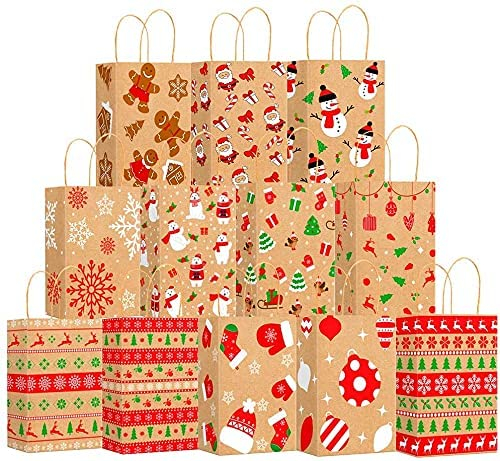 DERAYEE 12 Stücke Weihnachts Kraft Geschenktaschen,Papiertüten für Geschenktaschen Weihnachten