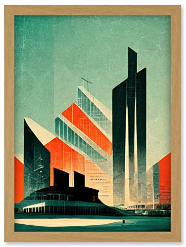 Doppelganger33 LTD Futuristic Abstract Architecture Cityscape Teal And Orange Artwork Framed Wall Art Print A4