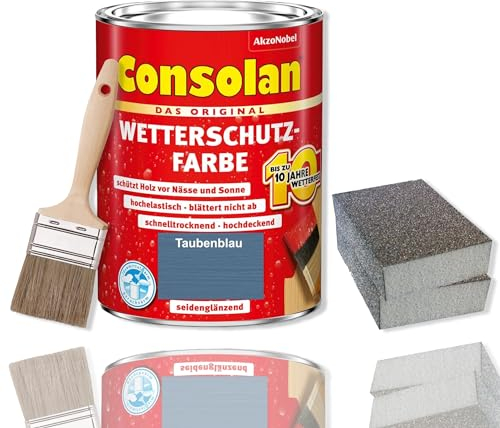 Consolan Wetterschutzfarbe Set 2,5 l Holzfarbe Dauerschutz Deckend mit Zubehör (Taubenblau)