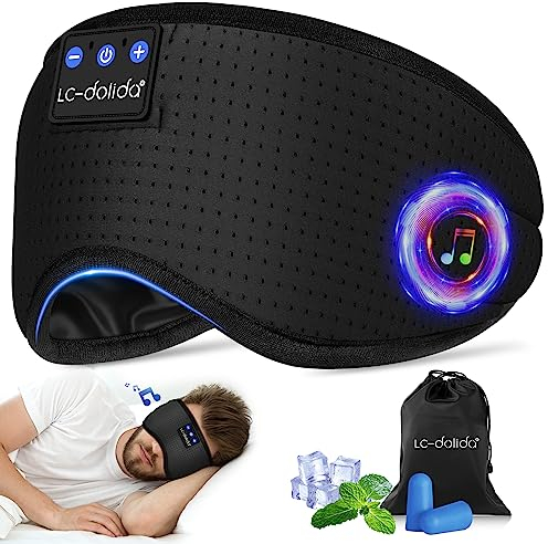 LC-dolida Schlafmaske mit Kopfhörer Schlafkopfhörer Bluetooth, 100% Lichtblockierende Atmungsaktive,Baumwolle Waschbar Augenmaske Schlafbrille mit Mikrofon für Reisen/Nickerchen/Yoga/Meditation