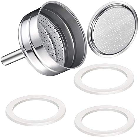 Bumdenuu Kit di imbuto di ricambio per caffettiera Moka compatibili, 3 confezioni di guarnizioni di ricambio + filtro + contenitore per