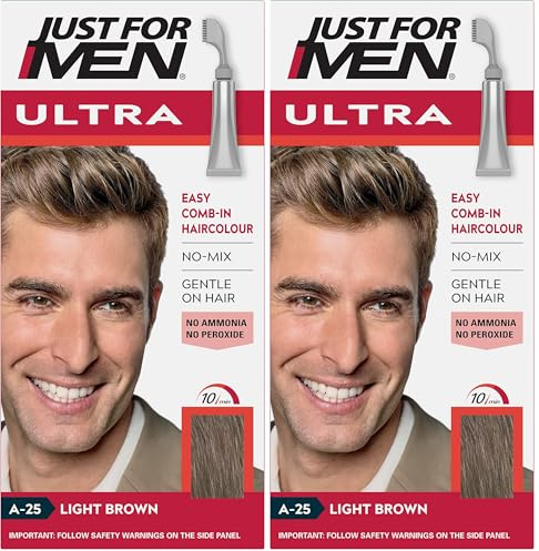 Just For Men Ultra Light Brown Hair Colour Dye, No Mix Comb-In Applicator to Comb Away The Greys, Ammonia & Peroxide Free – A25 (Pack of 2)
