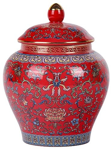 Handgefertigte Emaille-Ingwer-Vase, lebendige Farben, blaue und weiße Porzellan-Keramik, dekoratives Glas mit Deckel für Heimdekoration und Aufbewahrung (allgemeines Rot)