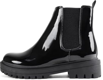 Soda Pilot ~ Women Lug Sole Low Heel Chelsea Fashion Ankle Bootie w/Double Elastic Gore (Black Patent, 7.5)