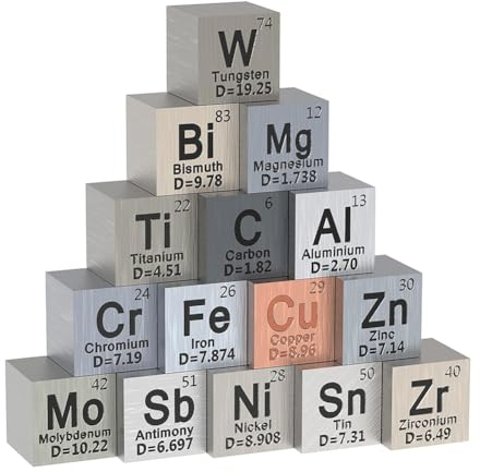 Dytabepl 15-Teiliges Würfelset Aus Metallelementen – Dichtewürfel-Set für 1 Periodensystem der Elemente – Würfel Aus Reinem Wolfram (10 Mm), Gut Verarbeitet, 99.5%-99.99%