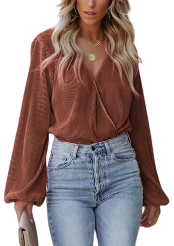 CUPSHE Damen Blusen V-Ausschnitt Wickeloptik Plissee Oberteile Langarmshirt Falten Tunika Wickelbluse Tops Braun L