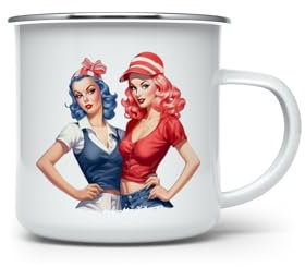 MAXIKIWI Langlebige Emaille-Kaffee- oder Tee-Camping-Tasse für drinnen und draußen, Pin Up Besties, 350 ml