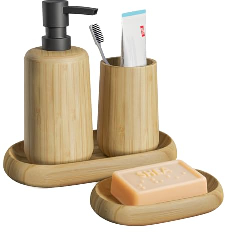 Asashizen Bathroom Accessory Sets, 4PCS Retro Bamboo - Soap Dish, Soap Dispenser, Tray, Mouthwash Cup