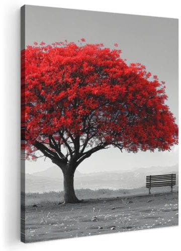 MuchoWow© Leinwand Bilder Wanddeko Wohnzimmer Aesthetic Room Decor Deko | 50x70 cm - Zimmer Wandbilder Modern Bild auf Baum - Rot - Natur - Schwarz und Weiß