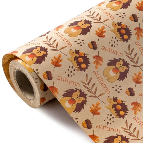 WRAPAHOLIC Kraftpapier-Herbst-Geschenkpapier – Mini-Rolle – 43 cm x 100 cm – Igel und Herbst-Schriftzug Design für Herbst, Erntedankfest, Party, Urlaub