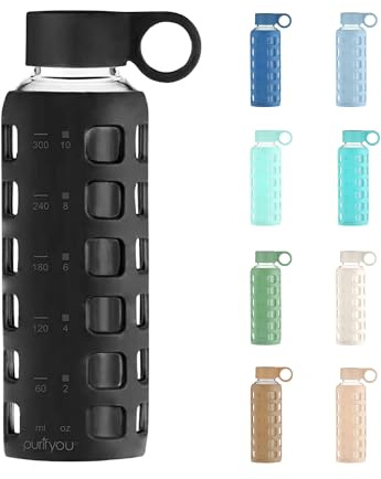 purifyou 40oz / 32oz / 22oz / 12oz Borosilicate Glass Water Bottle with Time & Volume Markers, Silicone Sleeve, Stainless Steel Lid | Reusable Glass Bottle for Water & Juice (12oz Jet Black)