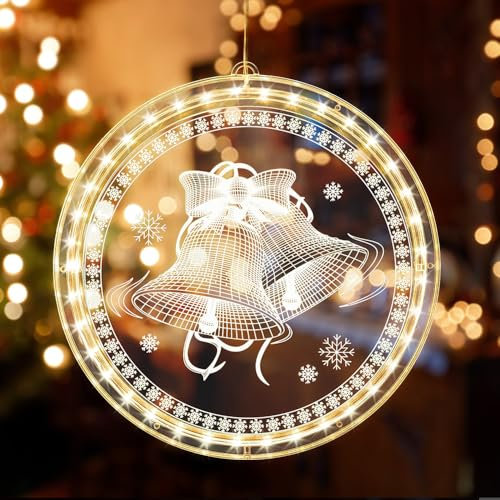 mizikuu Weihnachten Dekorative Fenster Licht, Weihnachtsbeleuchtung Warmweiß 3D Hängende Fensterlicht Batteriebetriebene Weihnachtsdeko Lichter (Weihnachtsglocken)