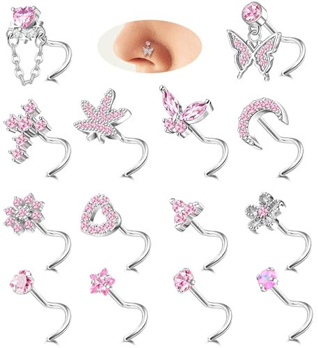 Milacolato 14Stück 20G Nasenpiercing Stecker für Damen Anhänger 14K Gold Silber Edelstahl Nasenstecker L S form Korkenzieher Piercing Herz Mond Nase Nose Stud Nostril Piercing für Damen SS