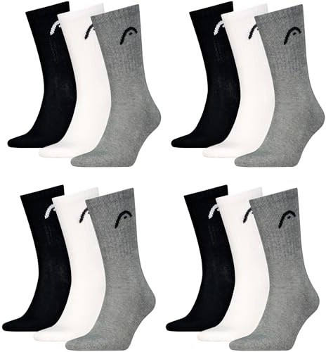 HEAD Herren Damen Sportsocken Crew Style im 12er Pack (39-42, schwarz/weiß/grau)