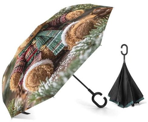 BNVOPTRE Folding Windproof Umbrella, Xmas Tree Branch Bear Doll Printed Windproof Umbrella,reverse Rainproof Car Reverse Umbrella