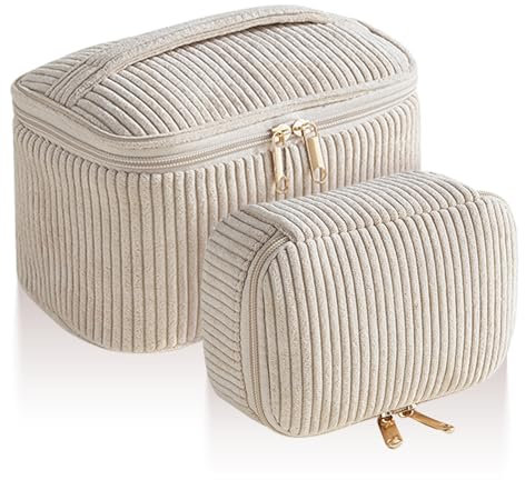 Kytpyi Pochette Maquillage, Trousse Maquillage Voyage, 2 Pièces Velours Côtelé Trousse Maquillage la Mode avec Compartiments, Trousse de Toilette Portable pour Voyage Date Party (Rayures Kaki)