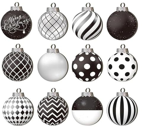 Black and White Christmas Baubles - 12pcs Vintage Wooden Tree Ornaments for Holiday Xmas Decorations