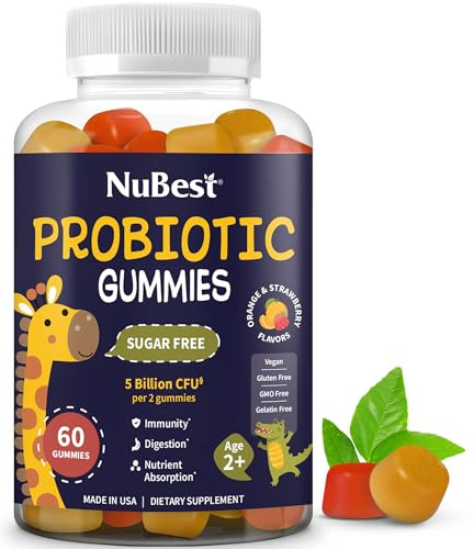 Probiotic Gummies for Kids & Teens with 5 Billion CFUs - Supports Immune, Gut, and Digestive Health with Strawberry & Orange Flavor and No Added Sugar, 60 Premium Vegan Gummies