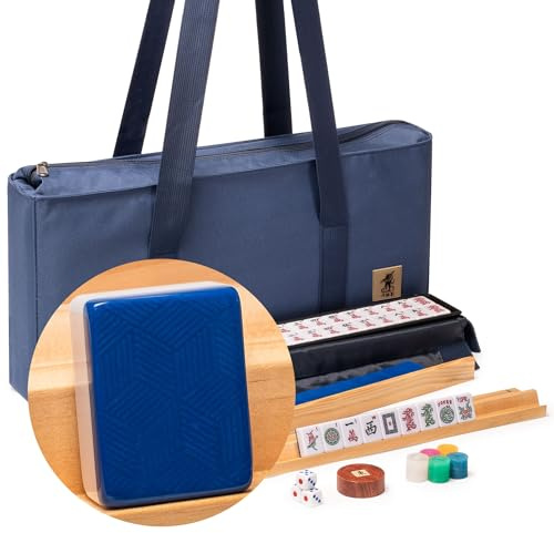 Yellow Mountain Imports American Mahjong Set, Indigo Tides - Blue Soft Case, 4 All-in-One Racks with Pushers, Wright Patterson Scoring Coins, Dice, & Wind Indicator