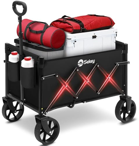 Sekey 220LBS Folding Festival Trolley on Wheels, Heavy Duty Camping trolley with All-Terrain Wheels, Portable Beach wagon, Adjustable Handle, Space-Saving Cart for Shopping Outdoor - Black
