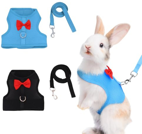 Kaninchengeschirr, verstellbar, 2 Geschirr mit Leine für Kaninchen, Nylon, elastische Leine, weiche Weste, für Kaninchen, Meerschweinchen, kleine Tiere mit elastischer Leine, weiche Weste für