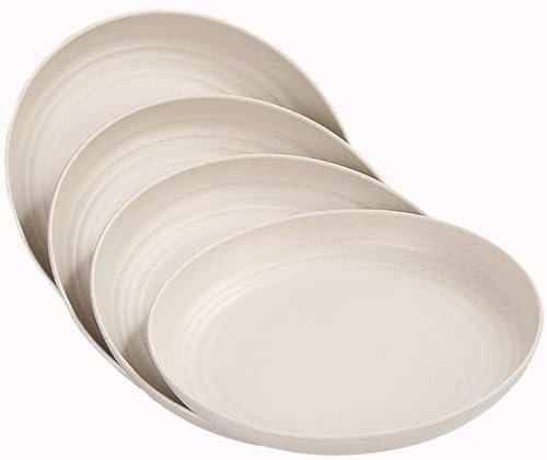 MaoMaoCha Plastic Plates Reusable Set of 4, 20 cm Unbreakable Dinner Plates, Lightweight Camping Plate for Picnic, Salad, Pasta, Party, Home, Office, Dishwasher & Microwave Safe (Beige)