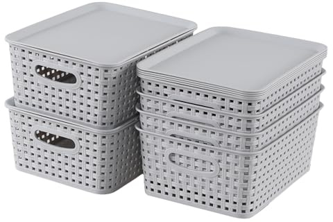 Guankan 6 Pack Plastic Weave Basket with Lid, Small Storage Baskets, Grey | For Kitchen Cupboard