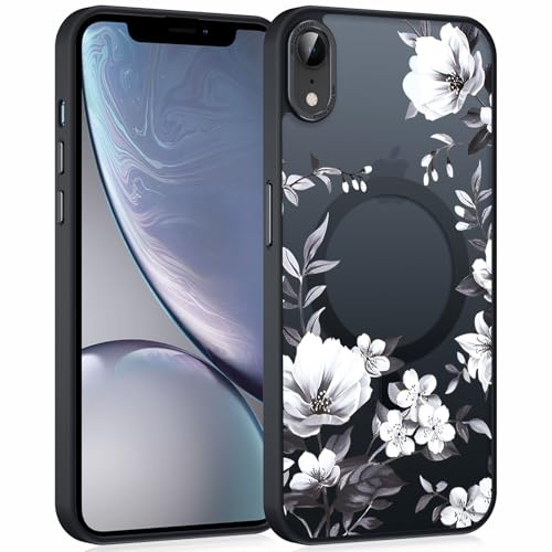 Coiwxmoi Magnetische Handyhülle für iPhone XR 6,1 Hülle, Kompatibel mit MagSafe, Aesthetic Blumen Muster Transluzente Mädchen Case, Matte PC Dünn TPU Stoßfest Kratzfest Schutzhülle Cover - Schwarz 04