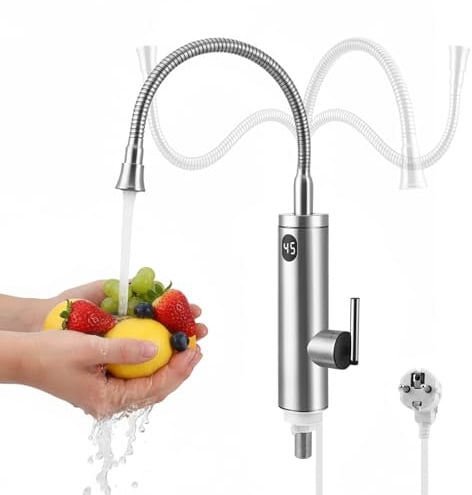 Wasserhahn mit Durchlauferhitzer Küche, 220V Elektrischer Wasserhähne mit Flexibler Auslauf und LCD Temperaturanzeige, 360º Drehung Silikonschlauchhahn, 304 Edelstahlgehäuse Wasserhahn (01)