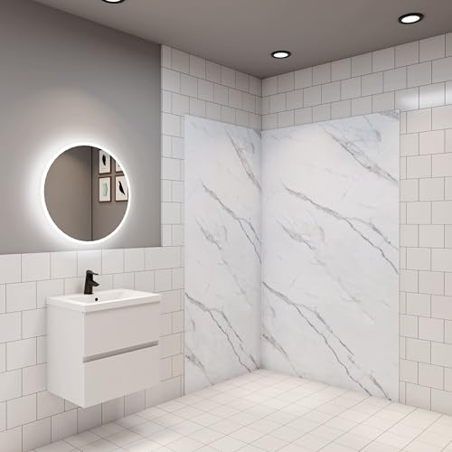 Pack de 2 Panneaux muraux de douche blanc effet marbre 100x100x H.210cm avec 3 profilés Panneau mural salle de bain - Aluminium