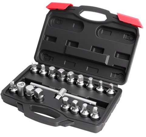 18 in 1 Heavy Duty Oil Drain Pipe Plug Socket Set Pan Screw Sleeve Wrench Hexagonal Socket Auto Maintenance Task Pan Bolt Removal Tool