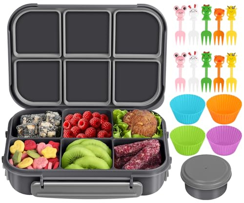 Amathley Brotdose Kinder mit FäChern,Bento Box Kinder,Brotdose Erwachsene,1200ml Lunchbox snackbox mit 6 FäChern,Saucenbehälter,10 Cartoon Bento Obstgabeln und 4 Muffinförmchen (Dunkelgrau)