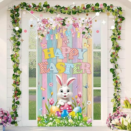 Frohe Ostern Türabdeckung Ostern buntes Holz-Türbanner Frühlingsthema Hasentür Hintergrund Veranda Indoor Outdoor Dekoration (91,4 x 182,9 cm (91,4 x 182,9 cm)