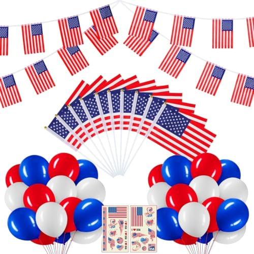 Amerikanisches Party-Dekorations 4. Juli, Unabhängigkeitstag Patriotische | 10m Amerikanische Flaggen-Girlande 10 Stück kleine USA-Stabflaggen 30 Stück Luftballons 2 Bögen Tattoos