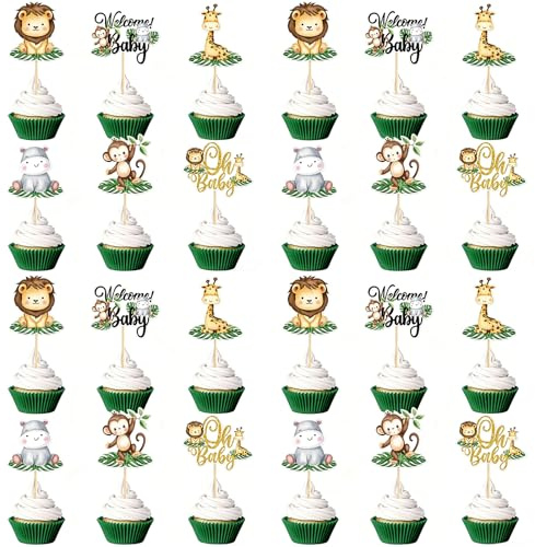 24 Stück Kuchen Deko Geburtstag, Cupcake Topper, Dschungel Deko Geburtstag, Safari Cupcake Topper, Waldtiere Kuchen Deko, Löwen Muffin Deko für Party, Baby Shower