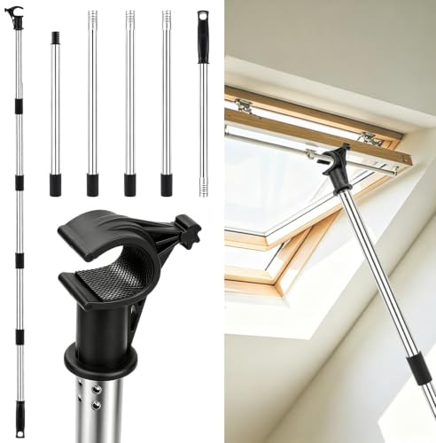 Teleskopstange Dachfenster, 1,84m Fenstergriff Verlängerung aus Edelstahl | Teleskop-Bedienungsstange für Velux GGL/GGU Rollos & Jalousien, Verlängerungsstange für Hoch liegende Fassadenfenster